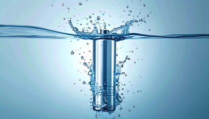 Silver cylindrical object plunges into water, creating a splash and ripples in the clear blue liquid