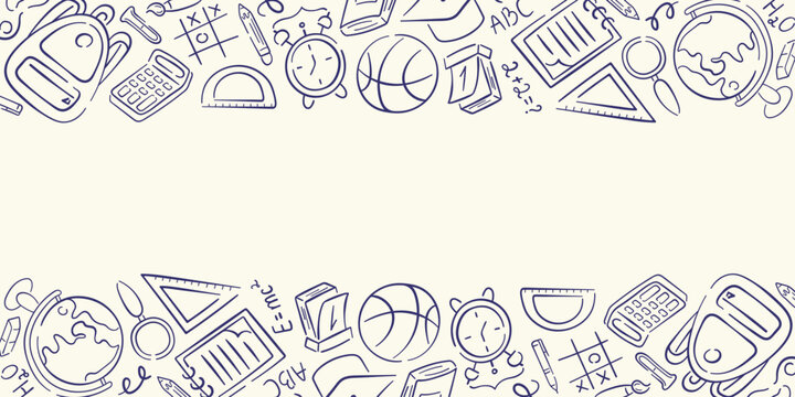 School border pattern with doodle style education icon. Back to school background with backpack, globe, books and math symbols for stationery design.