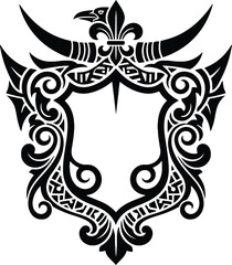 Heraldic shield crest vector with raven bird head and fleur de lis ornament for knight armor or royal emblems featuring filigree curves and traditional medieval patterns. © Munna_SH