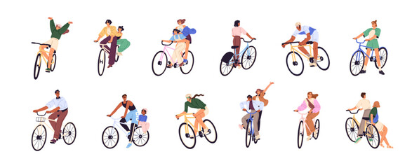 People ride a bike set. Young men and women travel by bicycle in summer. Riders are cycling. Cyclist do sports. Happy bicyclists race at walking. Flat isolated vector illustrations on white background © Paper Trident
