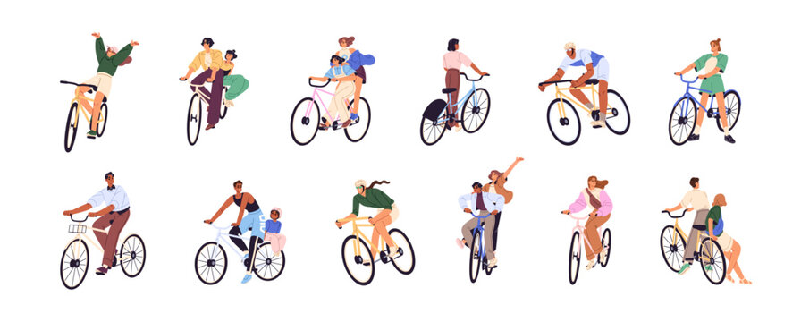 People ride a bike set. Young men and women travel by bicycle in summer. Riders are cycling. Cyclist do sports. Happy bicyclists race at walking. Flat isolated vector illustrations on white background
