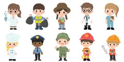 Cute kids in various jobs set. Smiling little boys and girls in uniform with professional equipment colorful, Career, occupation, work, for labor day, may day, vector illustrations