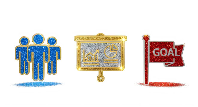 an image with three icons representing teamwork and goal setting. the icons are simple and colorful and include three blue figures, a yellow and blue chart on a board, and a red flag with the word goa