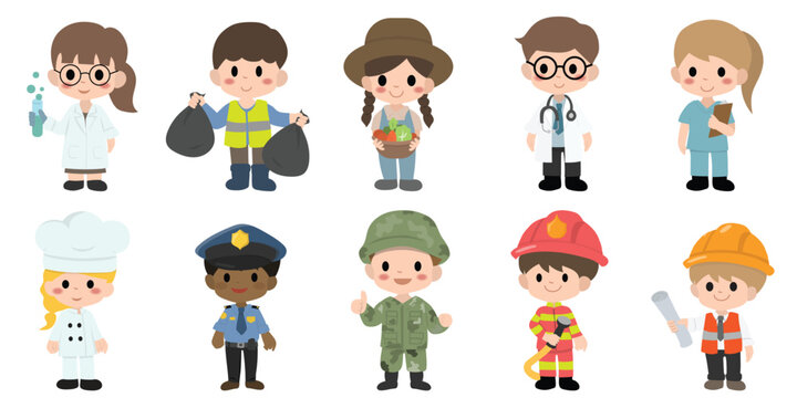 Cute kids in various jobs set. Smiling little boys and girls in uniform with professional equipment colorful, Career, occupation, work, for labor day, may day, vector illustrations