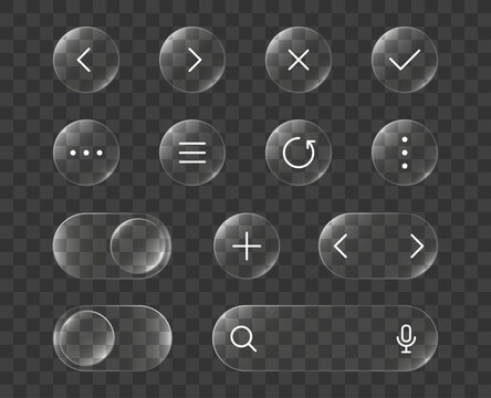 3D liquid glass UI buttons. Forward, back and search bar, menu and cross, tick and refresh control with glassmorphism effect. Transparent interface button set. Glossy screen frames. Vector icons.