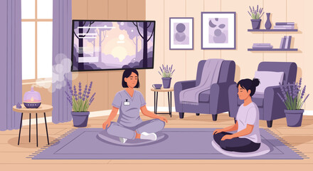 Fototapeta premium Two women meditating in a living room with an essential oil diffuser.