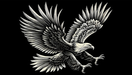 Fototapeta premium High contrast white engraved line art of an eagle in flight on black background, scratchboard style.