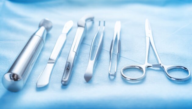 Surgical instruments on sterile blue cloth, professional medical steel tools for surgery including scalpel and forceps, stainless steel surgical equipment set for hospital operating room use