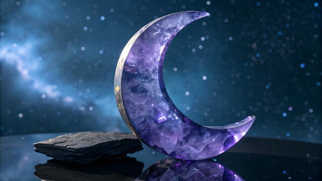 Deep violet blue tanzanite crystal carved into a crescent moon sculpture resting on reflective obsidian altar starlight reflections shimmering inside the stone cool midnight lighting