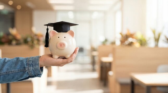 Man hand holding piggy bank with graduation cap. Financial planning for student education and saving money for college fund.