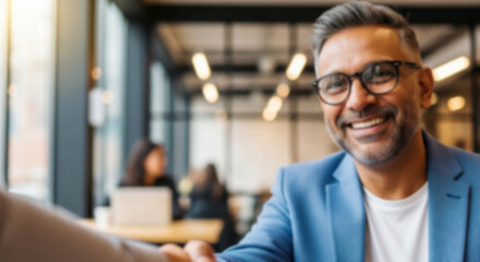 Obraz premium soft focus blurred photo of Smiling Indian Businessman in Glasses Shaking Hands in Modern Office