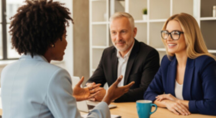  soft focus blurred photo of Diverse Business People Discussing Project in Modern Office