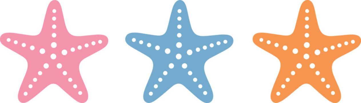 Colorful starfish illustration set with decorative dots, pink blue and orange sea stars isolated on white background, marine life design collection