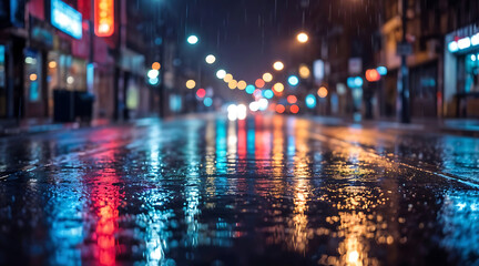 Obraz premium Blurry nighttime city street with colorful neon lights reflecting on wet pavement during rain, with a dark background.