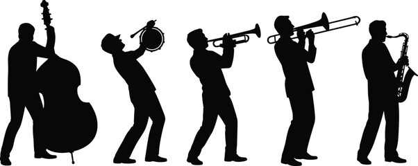 Jazz Band Silhouettes Featuring Double Bass, Tambourine, Trumpet, Trombone and Saxophone Musicians Black Music Illustration Set Isolated on White Background © MSTALIFNUR