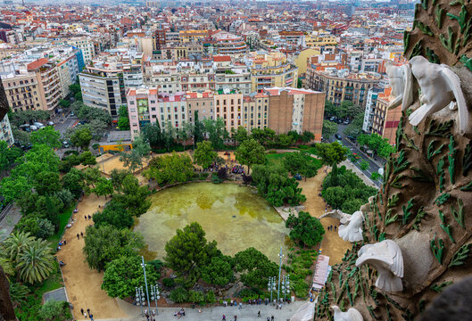 Aerial view of Barcelona and square de Gaud&iacute;, Catalonia, Spain. Architecture and landmark of Barcelona. Cityscape of Barcelona.