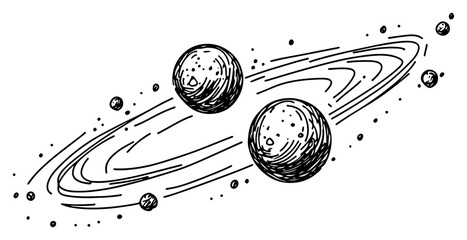 Cosmic doodle illustration showing two planets orbiting with rings and stars © Kaz