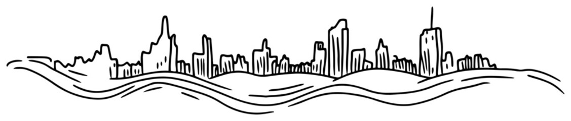 Minimalist panoramic city skyline sketch with urban buildings over wavy lines © Kaz