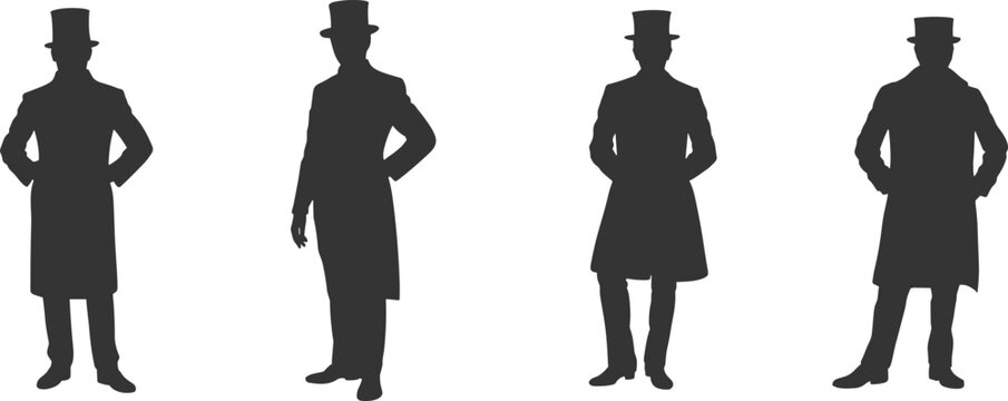 Victorian Gentleman Silhouettes Collection with Top Hats and Formal 19th Century Suits Vintage Male Fashion Illustration Isolated on White Background