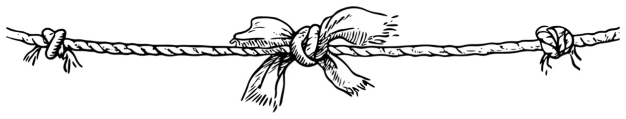 Hand drawn doodle sketch of a rope with knots and a ribbon bow in the center © Kaz