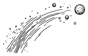 Dynamic line art sketch of a flying ball or comet with a tail of motion lines © Kaz