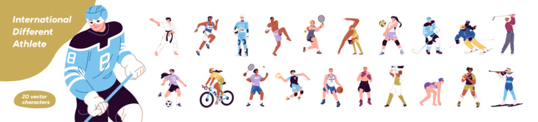 Different sport athletes set. Various sportsmen and sportswomen play games. Players of football, basketball, ice hockey, volleyball and soccer. Flat isolated vector illustrations on white background. © Paper Trident