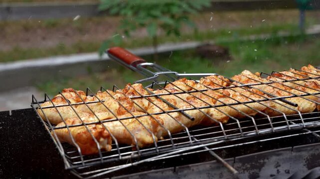 BBQ picnic time Roasted chicken legs and wings on grill. Grilling meat on outdoor grill grid tasty barbecue chicken steak with smoke flames juicy meat in the backyard in summer