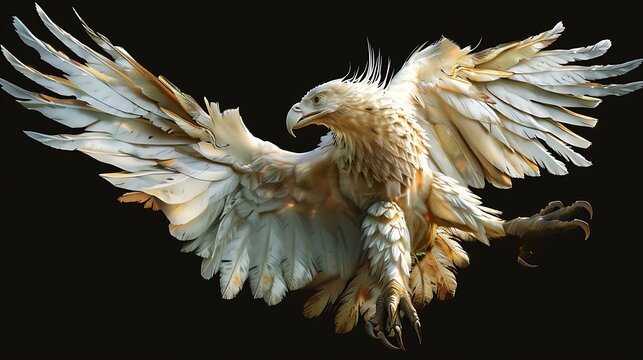 Magnificent bird of prey in flight, golden feathers, outstretched wings, dramatic lighting