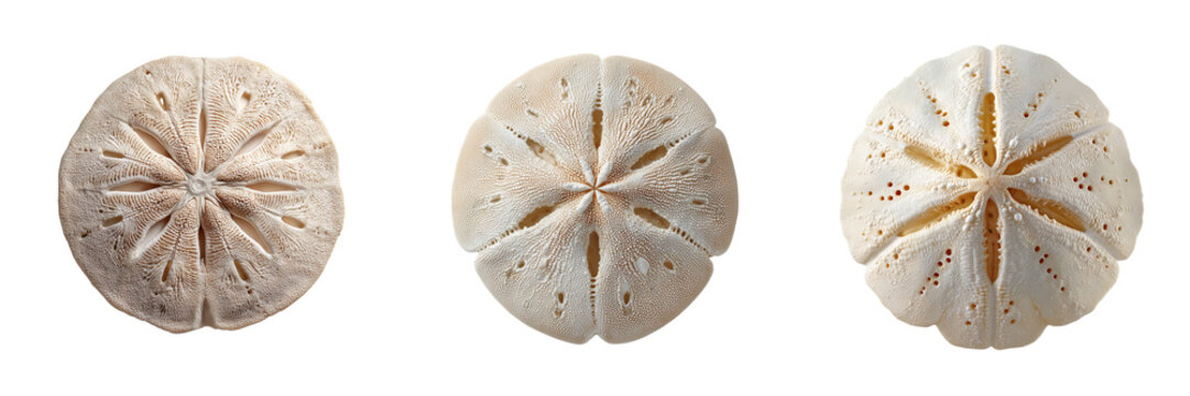 Three natural sand dollars with intricate patterns and holes isolated on a transparent background