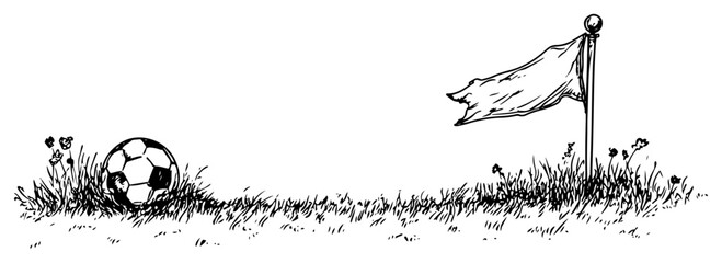 Hand drawn sketch of a soccer ball and a corner flag in tall grass © Kaz
