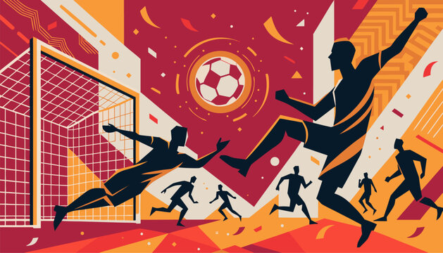 A vibrant vector illustration of soccer players in action with a goal and ball