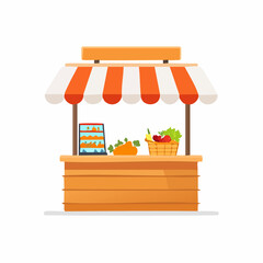 Fresh produce market stall with vegetables and fruit, vector illustration.