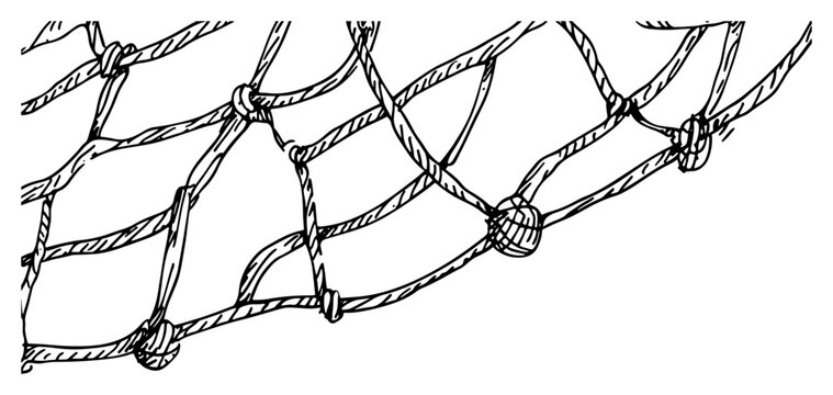 Detailed close up of a knotted rope net with mesh pattern hand drawn line art