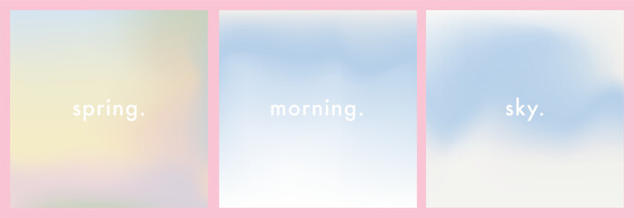 Obraz premium Dreamy pastel spring gradient sky backgrounds with soft clouds and delicate rainbow sunlight. Light airy gradation pattern for social media posts, wellness, seasonal design, banners, modern layouts