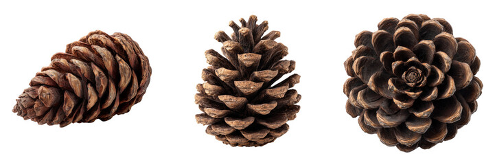 Fototapeta premium Three brown pine cones displayed from different angles isolated on a transparent background
