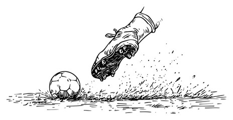 Fototapeta premium Close up of a soccer boot kicking a ball on the field with flying dirt