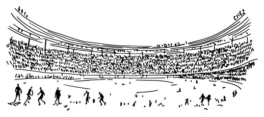 Wide view of a massive stadium arena packed with fans during a soccer game