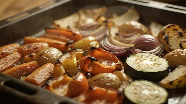Assorted colorful vegetables roasting in a metal baking pan with steam rising close up view
