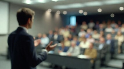 Fototapeta premium Speaker presenting a business seminar to an audience in a blurred conference hall for education and training