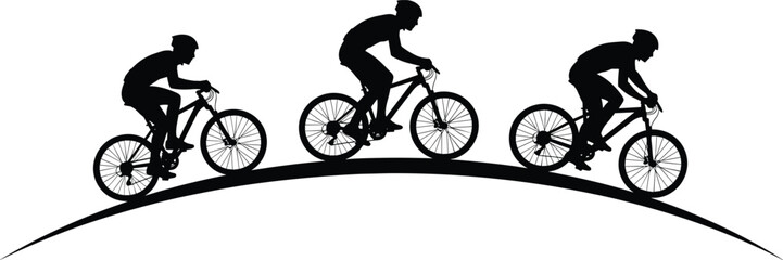 Obraz premium Mountain bike rider silhouettes, cyclists riding uphill on trail isolated white background vector illustration design