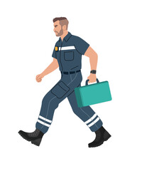 Fototapeta premium Stylized flat illustration of a man paramedic in uniform carrying a teal medical bag, walking right, with bold outlines and clean colors on transparent background.