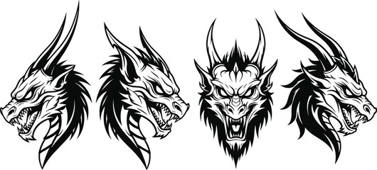 Obraz premium Silhouette dragon heads with fierce expressions, fantasy mythical creature illustration artwork detailed horns - flavector