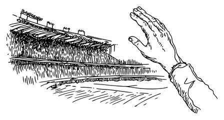 Close up of a hand reaching out towards a grandstand in a sports arena hand drawn sketch © Kaz