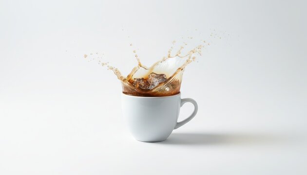 Coffee splash white cup caffeine beverage energy morning healthy lifestyle dynamic isolated minimal brown liquid excitement