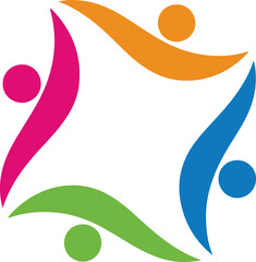 Four colorful abstract human figures reaching inwards forming circle representing unity teamwork collaboration and diversity