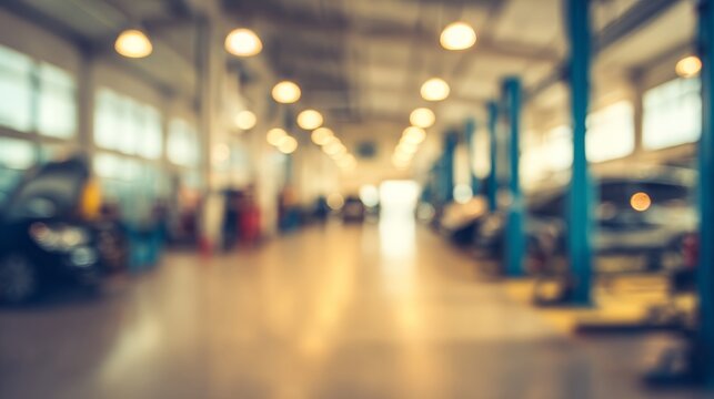 Auto service garage interior blur featuring workshop lifts and vehicles undergoing maintenance