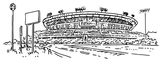 Detailed doodle illustration of a modern sports stadium exterior with billboard and lighting towers © Kaz