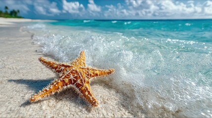 Golden Starfish Washed Ashore on Sandy Beach with Turquoise Water and Blue Skies Vacation Serenity on Tropical Island Paradise Destination