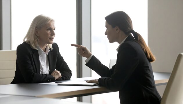 Businesswomen in intense discussion with pointing gesture showing disagreement and decision making