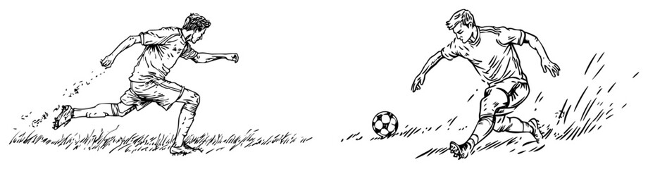 Dynamic hand drawn doodle of a soccer player running and kicking the ball on the grass © Kaz